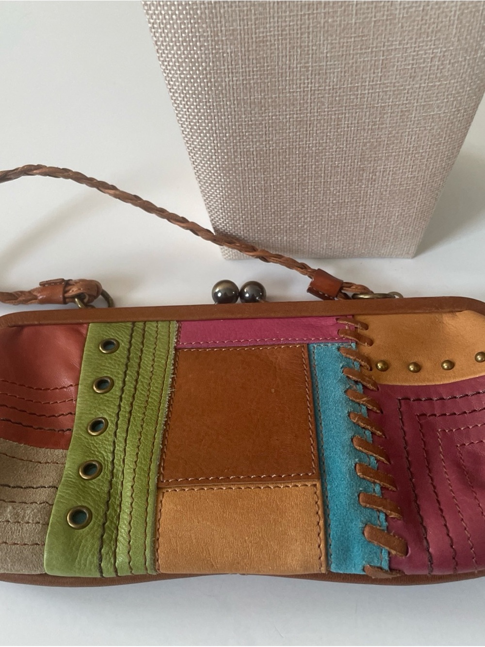 Multicolor Patchwork Leather Wristlet Clutch in Brown, Green, Blue, Pink